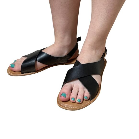 OLD NAVY Faux-Leather Cross-Strap Slingback Sandals Black Size 8.5 - Picture 1 of 15